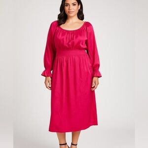 11 Honoré Pink Satin Jacquard Long Sleeve Smocked Waist Midi Dress Size 12